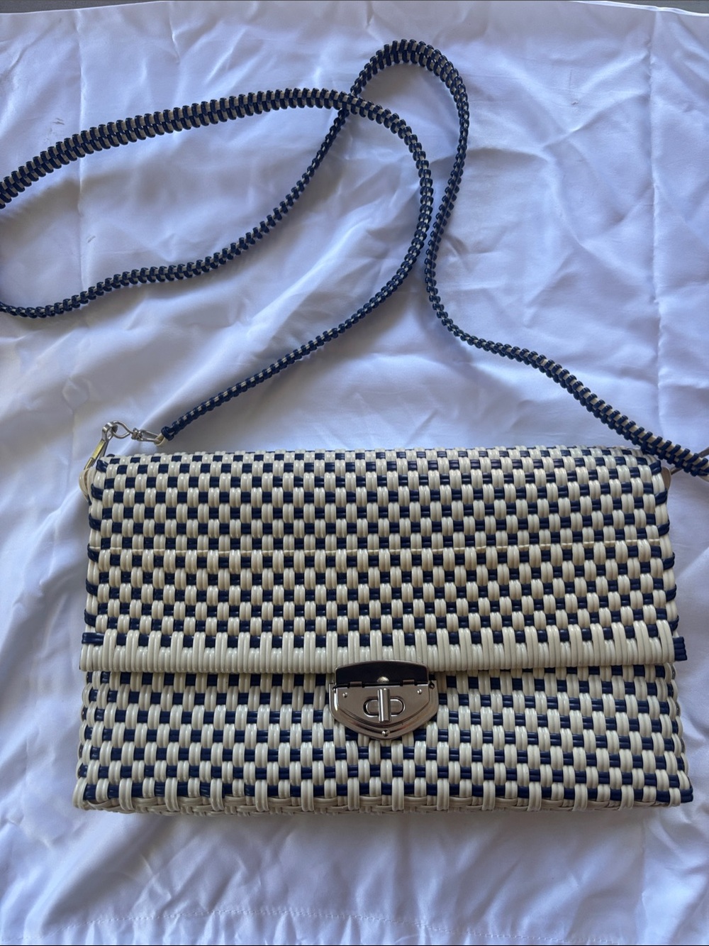 Woven Crossbody Clutch Bag in Cream and Black